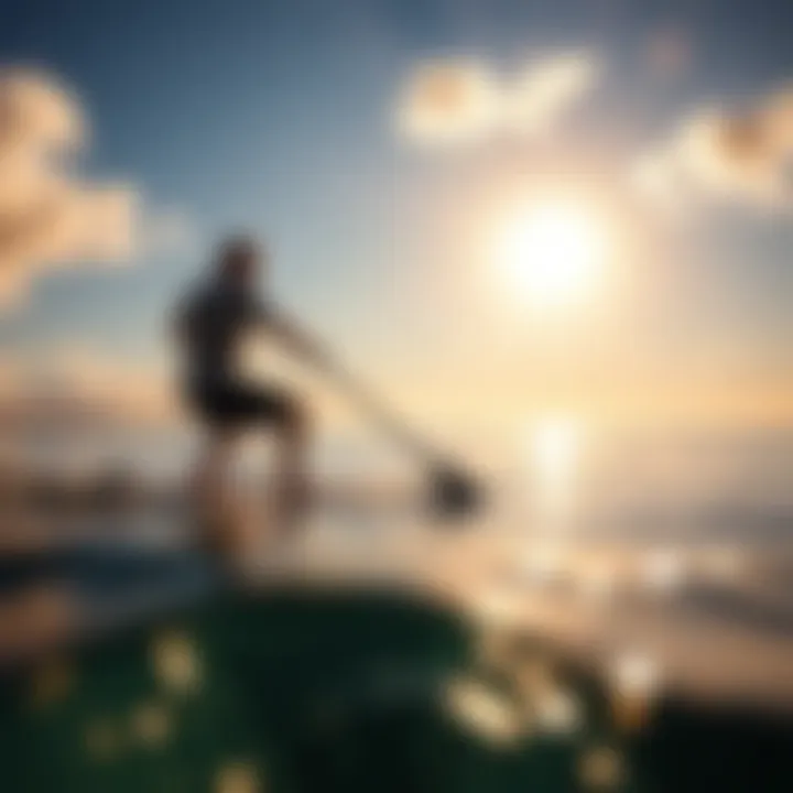 Paddleboarding Experience with Slingshot SUP A scenic view of a paddleboarder using the Slingshot SUP on calm waters