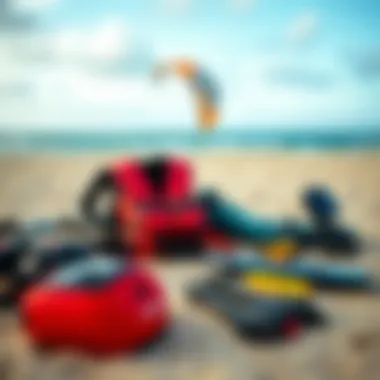 Kiteboarding gear and safety equipment laid out for training