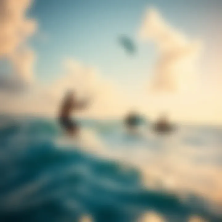 Kiteboarding with Foil Surfboards A serene beach scene featuring kiteboarding enthusiasts using foil surfboards