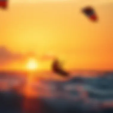 Kiteboarding at Sunset A scenic sunset view highlighting the environmental beauty of kiteboarding