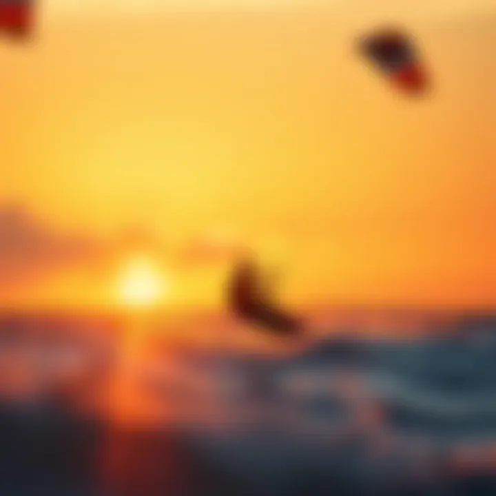 Kiteboarding at Sunset A scenic sunset view highlighting the environmental beauty of kiteboarding