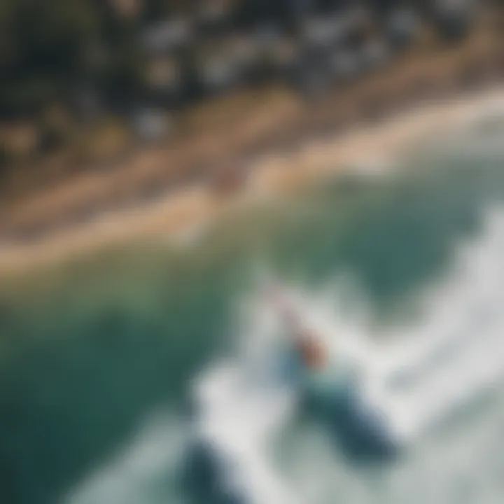 An aerial view of a wing surfing competition with participants in action