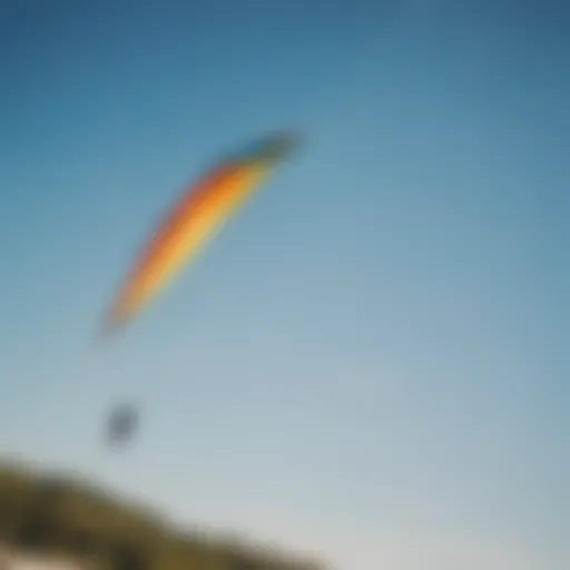 A vibrant kite soaring through a clear blue sky