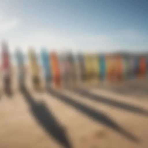 A vibrant selection of used kiteboard kites displayed on a sandy beach