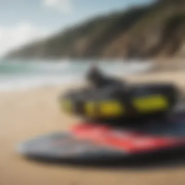 A close-up of kiteboarding equipment set against the backdrop of Tiger Tail Beach's unique landscape.