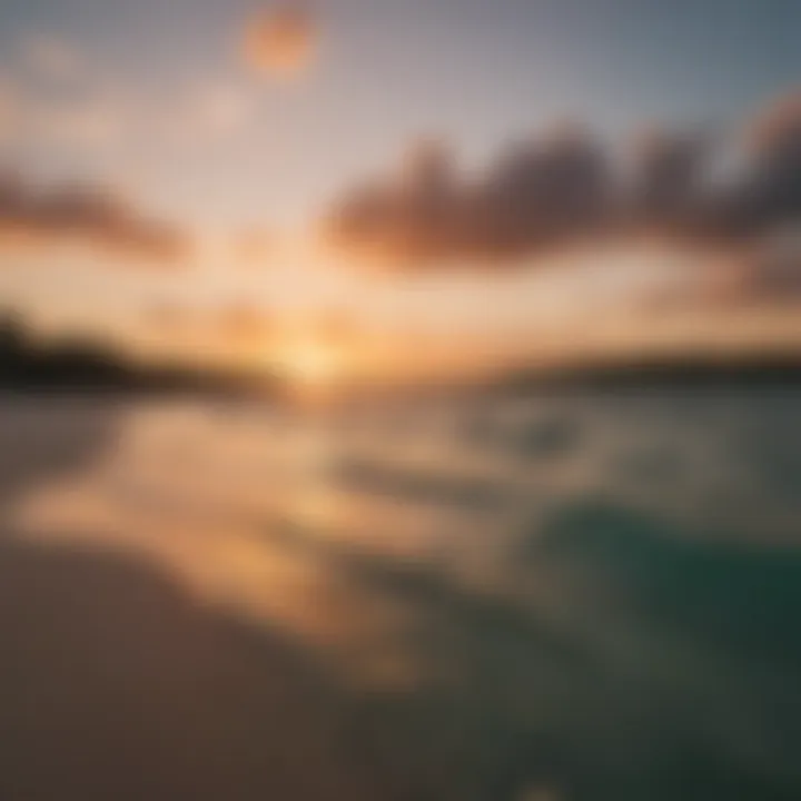 A serene view of Tiger Tail Beach during sunset, showcasing the tranquil waters ideal for kiteboarding.