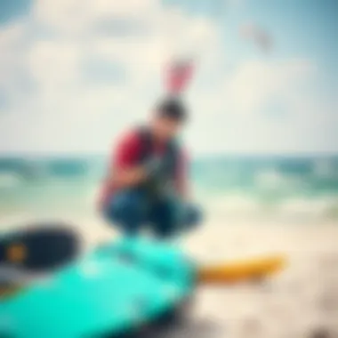 Maintenance of Kiteboarding Gear A skilled kiteboarder maintaining their used equipment on the beach