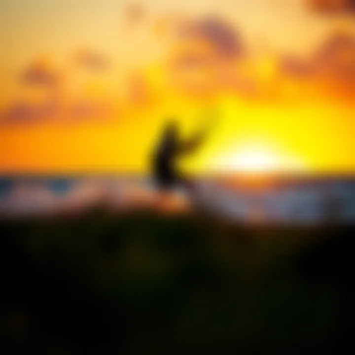 A picturesque kiteboarding scene at sunset