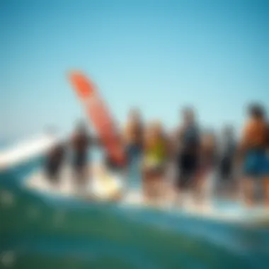 A dynamic scene of a group of enthusiasts engaging in wing foil surfing.