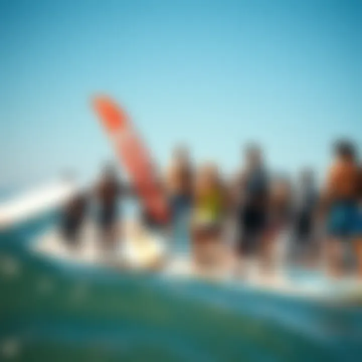 A dynamic scene of a group of enthusiasts engaging in wing foil surfing.