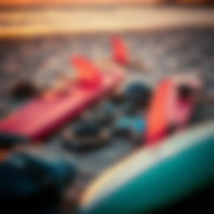An array of essential wing foil surf gear laid out on the beach.