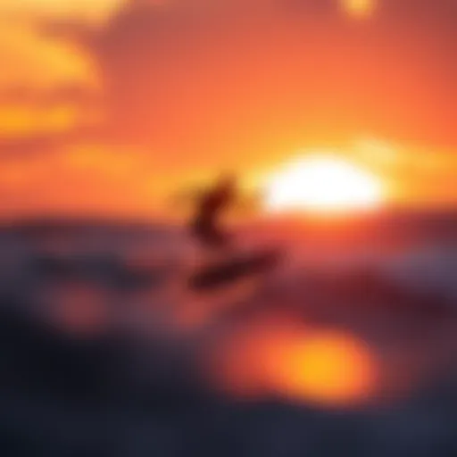 A rider mastering the art of wing foil surfing against a vibrant sunset.
