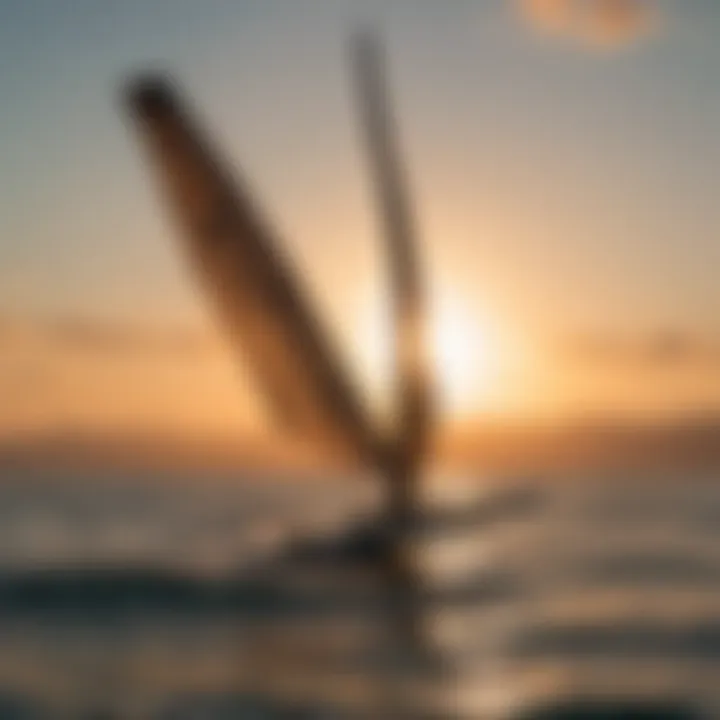 A serene sunset scene with a wingfoiler silhouetted against the sky