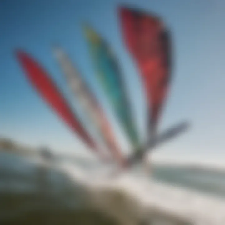 Diverse range of wings used in kiteboarding, highlighting different shapes and sizes.