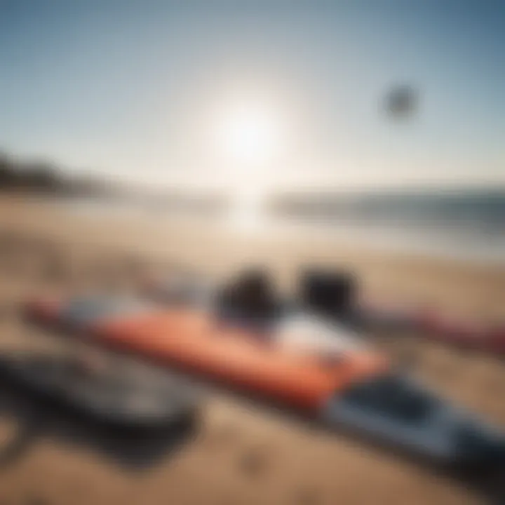 Close-up of specialized light wind kiteboarding gear laid out on the beach.