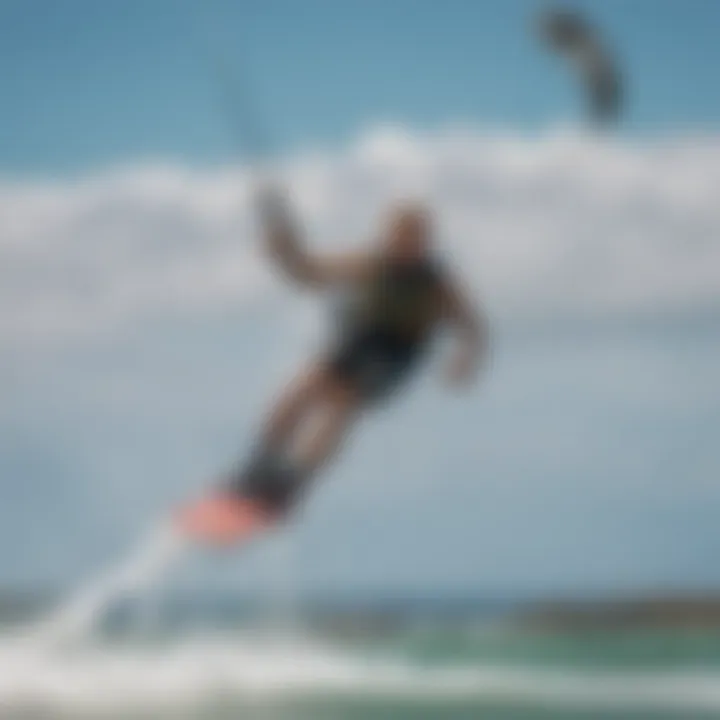 Close-up of a kiteboarder in action with high-flying kites