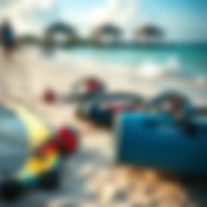 Essential Gear for Kiteboarding Close-up of kiteboarding gear laid out on the beach