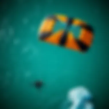 Dynamic aerial view of an inflatable kite soaring over the sea
