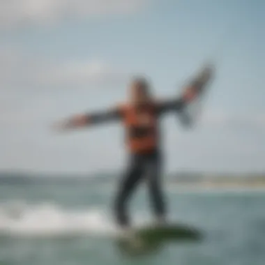 Instructor demonstrating the flexibility of a rash guard while kiteboarding