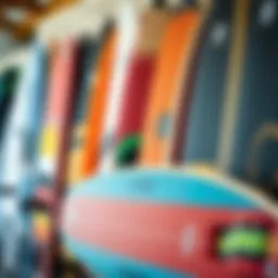 A variety of kite boards displayed on a rack