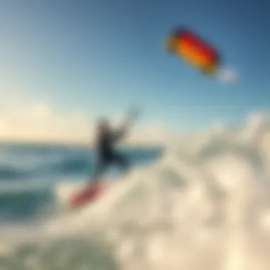 Thrilling Kiteboarding Experience A kiteboarder soaring through the waves with vibrant kite