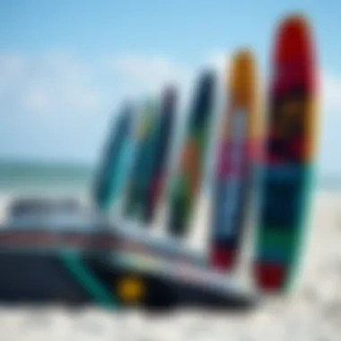 Diverse Kiteboard Designs on the Beach Various kiteboard designs lined up on the beach