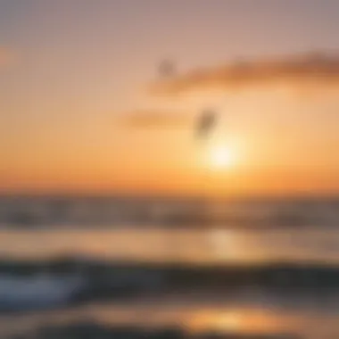 A vibrant sunset backdrop with kite surfers in action