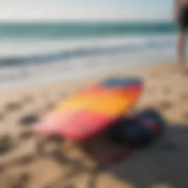 Kite surfing gear laid out on the beach