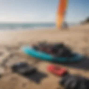 Kite surfing gear laid out on the beach