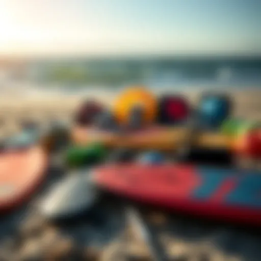 Various kite surfing equipment laid out on the beach