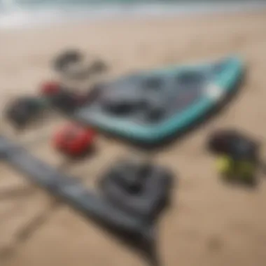 Close-up of essential kite surfing gear laid out on a beach