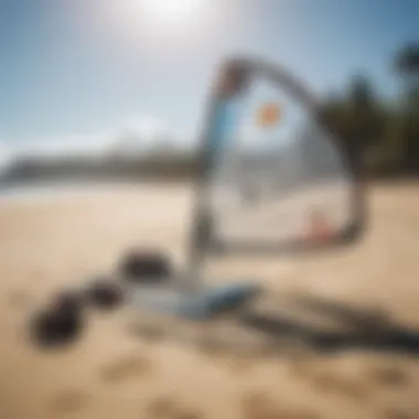 An array of kite surfing equipment on the beach