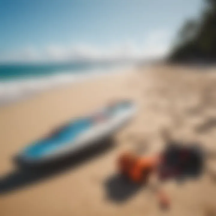 Kite surfing equipment laid out on the beach