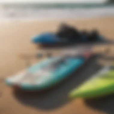 Close-up of kite surfing gear laid out on the beach