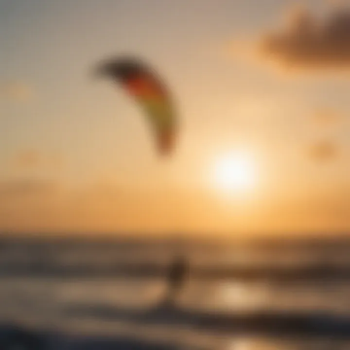 A vibrant sunset view showcasing kite surfing at dusk