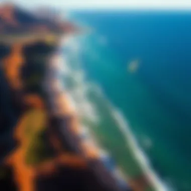 Aerial View of Oahu's Kite Surfing Hotspots An aerial perspective of Oahu's coastline, highlighting prime kite surfing locations with clear wind patterns and waves.
