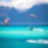A captivating view of kite surfers gliding over Oahu's turquoise waters, showcasing the thrill and skill involved in the sport.