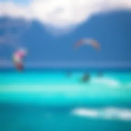 A captivating view of kite surfers gliding over Oahu's turquoise waters, showcasing the thrill and skill involved in the sport.