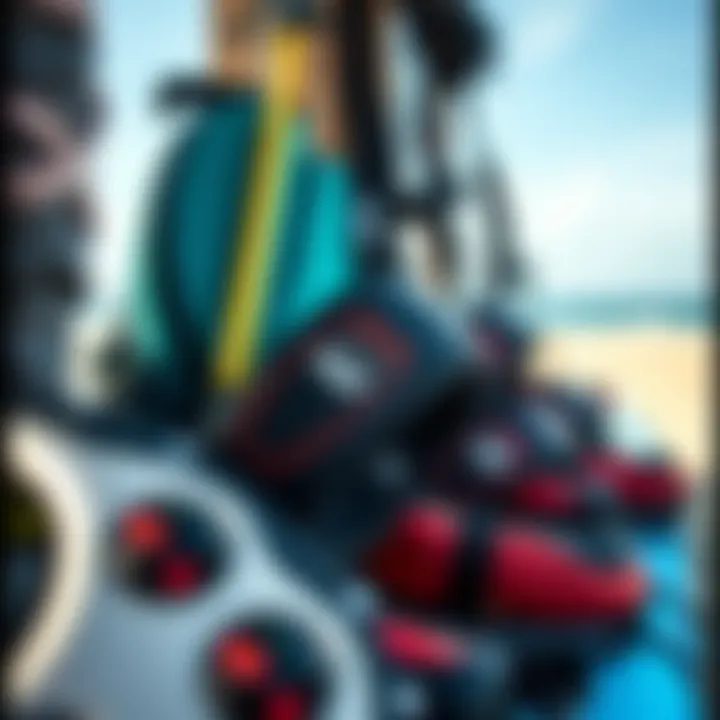 Quality Kite Surfing Gear and Equipment A close-up of kite surfing gear arranged neatly, emphasizing the importance of quality equipment for safety and performance.