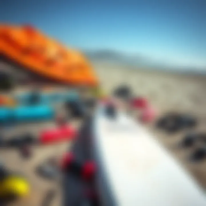 Essential kite surfing gear laid out on the beach