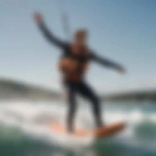 A kite surfer wearing a life vest catching air above the waves