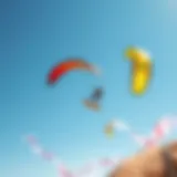A vibrant kite surfing scene in Los Angeles showcasing colorful kites against a clear blue sky