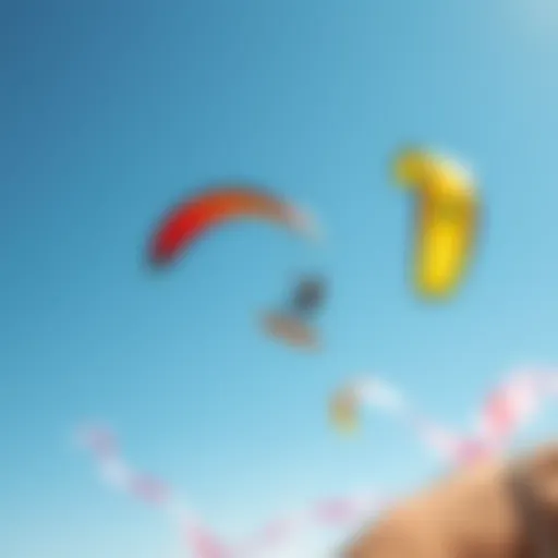 A vibrant kite surfing scene in Los Angeles showcasing colorful kites against a clear blue sky