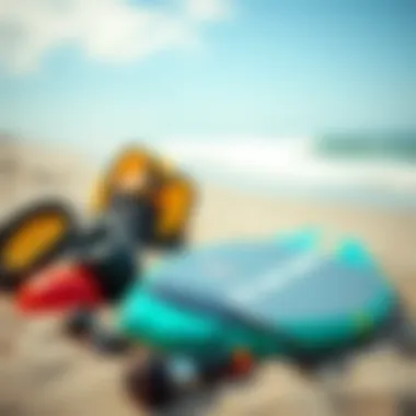 Essential Kite Surfing Equipment Essential kite surfing equipment laid out on the beach ready for use