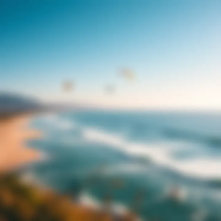 Panoramic View of Kite Surfing Location A panoramic view of a popular kite surfing location in Los Angeles with surfers riding the waves