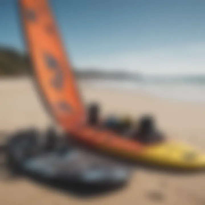 Diverse selection of kite surfing gear laid out on the beach