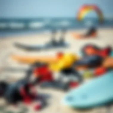 Essential Gear for Kite Surfing An array of kite surfing gear laid out on the sand