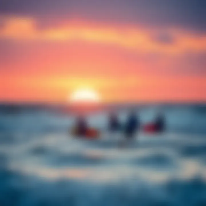 Kite Surfers at Sunset: A Captivating Experience A group of kite surfers enjoying the waves at sunset