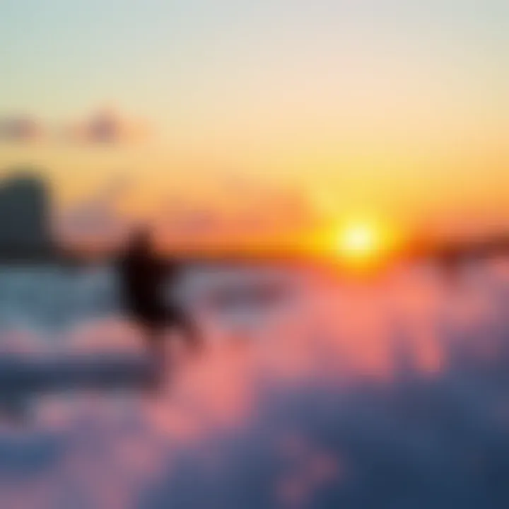 A picturesque sunset over the Tampa coastline with kite surfers enjoying the evening