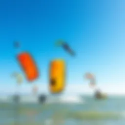 A vibrant kite surfing scene at Tampa Bay showcasing colorful kites against the blue sky